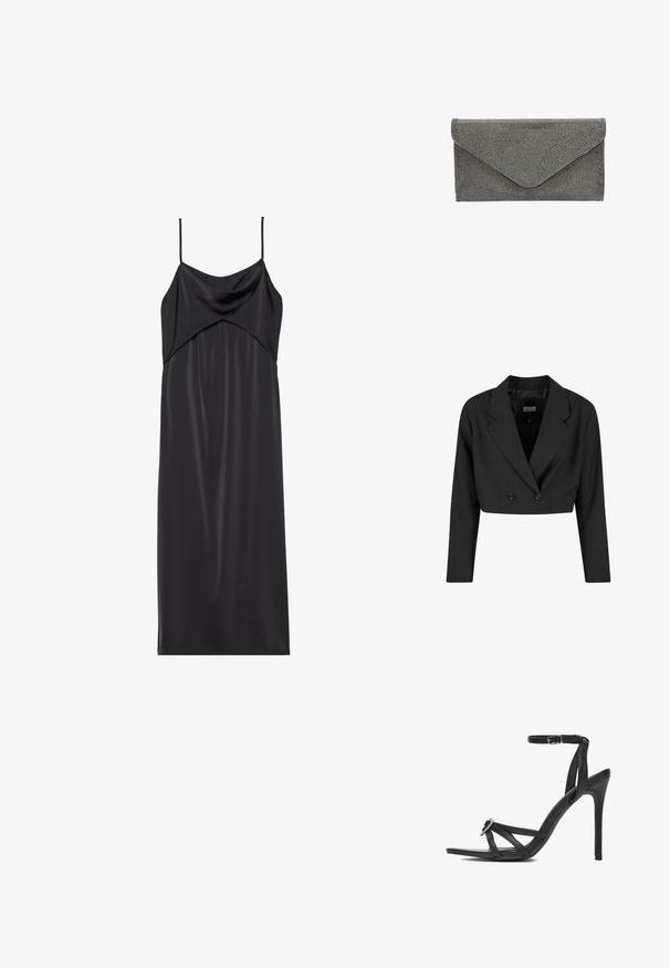 Zwarte cropped blazer van gladde stof. Voorzien van een dubbelgebreid voorpand met twee zwarte knopen en scherpe revers. Inclusief lange mouwen.; Zwarte satijnen slipdress met dunne spaghettibandjes, een gedrapeerde halslijn en een rechte silhouet. Gladde textuur en minimalistisch ontwerp.; Zwarte hoge hak sandaal met bandjes, een dunne enkelband, een puntige neus en decoratieve strass-steentjes aan de voorkant. Gladde leren textuur.; Zwarte stoffen clutch met een getextureerd studpatroon en envelopsluiting, met een strakke rechthoekige vorm en zonder zichtbare hardware.