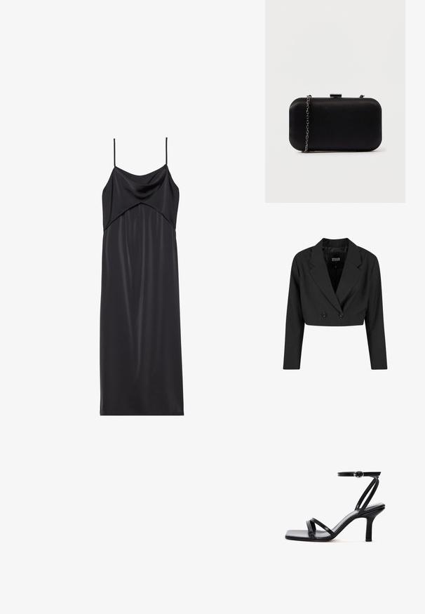 Sort cropped blazer lavet af glat stof. Har en dobbeltradet front med to sorte knapper og skarpe revers. Lange ærmer inkluderet.; Sort satin slip kjole med tynde spaghetti stropper, en draperet halsudskæring og en lige silhuet. Glat tekstur og minimalistisk design.; Sort højhælet sandal med tynde stropper, firkantet tå og ankelrem med sølvspænde på hvid baggrund.; Sort rektangulær clutch lavet af glat materiale. Har en aftagelig kædestropp og en metallisk clasp på toppen. Enkel design med afrundede kanter.