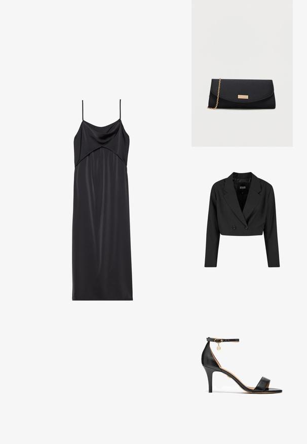 Blazer noir court en tissu lisse. Dispose d'un devant double boutonnage avec deux boutons noirs et des revers accrocheurs. Manches longues incluses.; Robe nuisette en satin noir avec de fines bretelles spaghetti, un décolleté drapé et une silhouette droite. Texture lisse et design minimaliste.; Sandale à talon haut en cuir noir avec une seule sangle sur les orteils, sangle à la cheville, accessoires en or et un talon stiletto élancé.; Pochette noire avec une chaîne dorée et une petite plaque rectangulaire dorée sur le rabat avant.