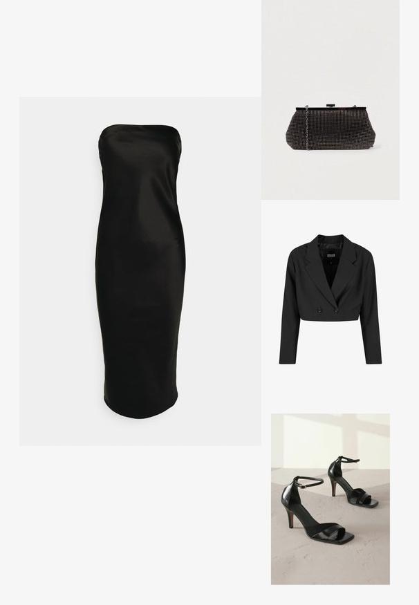 Čierny skrátený blazer vyrobený z hladkého materiálu. Má dvojradové zapínanie s dvoma čiernymi gombíkmi a ostrými chlopňami. Súčasťou sú dlhé rukávy.; Gina Tricot TUBE MIDI DRESS - Koktailové šaty/večierkové šaty - black; Next REGULAR FIT - SIGNATURE - Sandále na vysokom opätku - black; Čierna sieťová kabelka s pevným siluetou, zdobená malými kovovými cvočkami, má uzáver na klip a odnímateľný reťazový popruh.