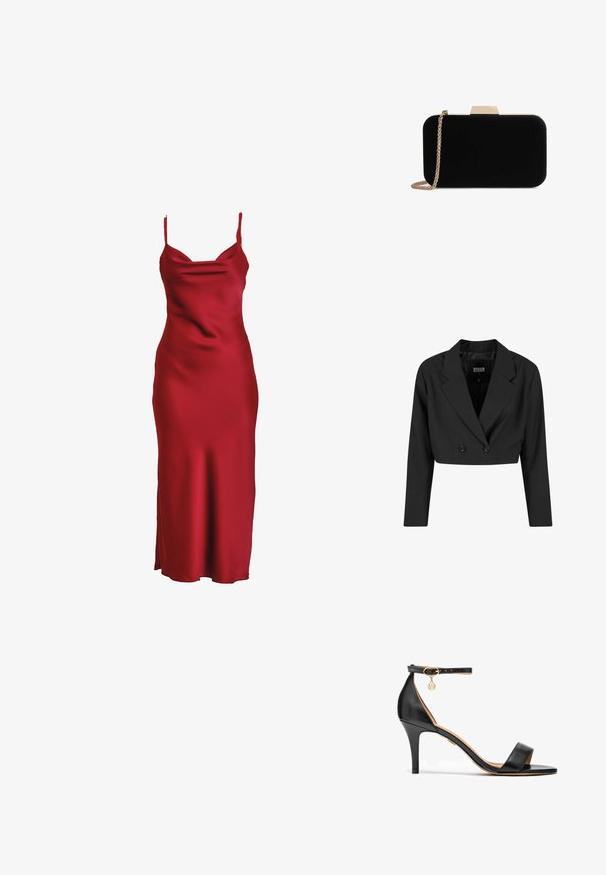 Sort cropped blazer lavet af glat stof. Har en dobbeltradet front med to sorte knapper og skarpe revers. Lange ærmer inkluderet.; Rød satin kjole med tynde stropper, en faldet halsudskæring og en tætsiddende silhuet, der falder ned til en længde midt på læggen. Glat tekstur.; Sort læder højhælede sandaler med en enkelt rem over tæerne, ankelrem, gul hardware og en slank stilettohæl.; Sort velour clutch med guldfarvede detaljer, rektangulær form og kædestrop, der har en glat tekstur og ingen synlige mønstre.