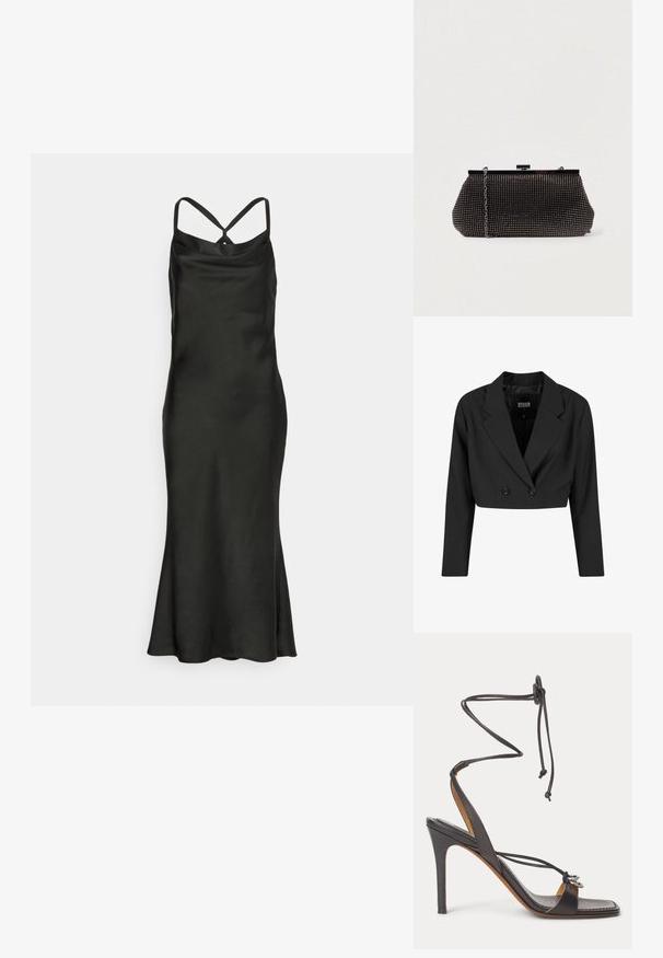 Blazer negro cortado hecho de tela suave. Presenta un frente de doble botonadura con dos botones negros y solapas afiladas. Incluye mangas largas.; Jarlo Petite BIBI - Vestido de cóctel - black; Sandalia negra de tacón alto con finas correas para atar en el tobillo, punta abierta y anillos decorativos plateados en la tira frontal sobre fondo blanco.; Bolso de mano negro de malla con una silueta estructurada, adornado con pequeños tachuelas metálicas, que cuenta con un cierre de broche y una correa de cadena desmontable.