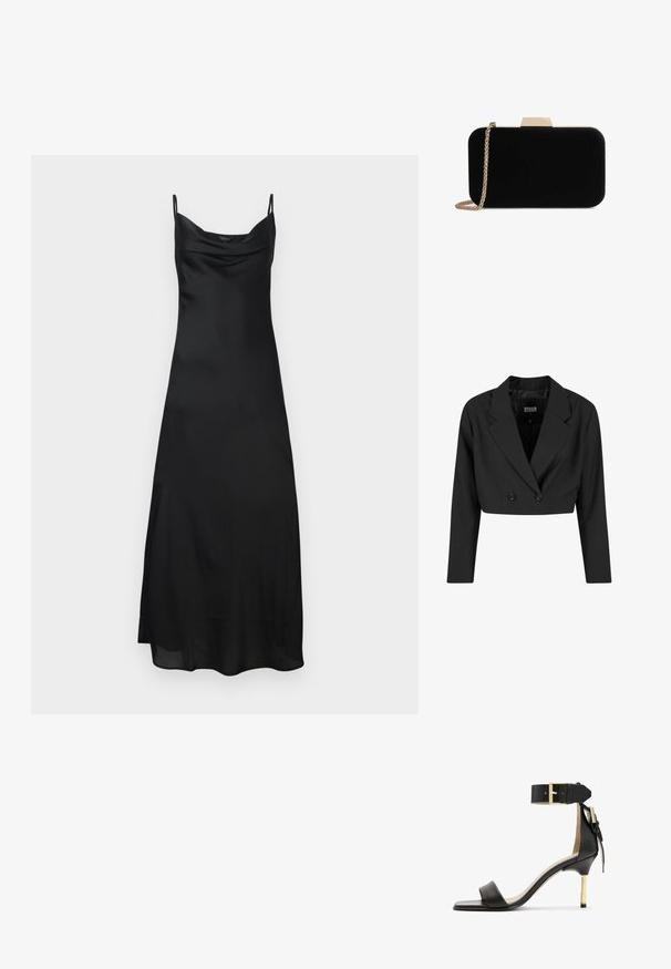 Blazer negro cortado hecho de tela suave. Presenta un frente de doble botonadura con dos botones negros y solapas afiladas. Incluye mangas largas.; Vestido de satén negro sin mangas con tirantes finos, escote en cowl y una silueta fluida. La tela tiene una textura suave y brillante.; Sándal de tacón de cuero negro con punta cuadrada, correa en el tobillo con hebilla dorada y un tacón metálico esbelto. Textura suave, diseño minimalista.; Clutch de terciopelo negro con herrajes en tono dorado, de forma rectangular y con correa de cadena, que presenta una textura suave y sin patrones visibles.