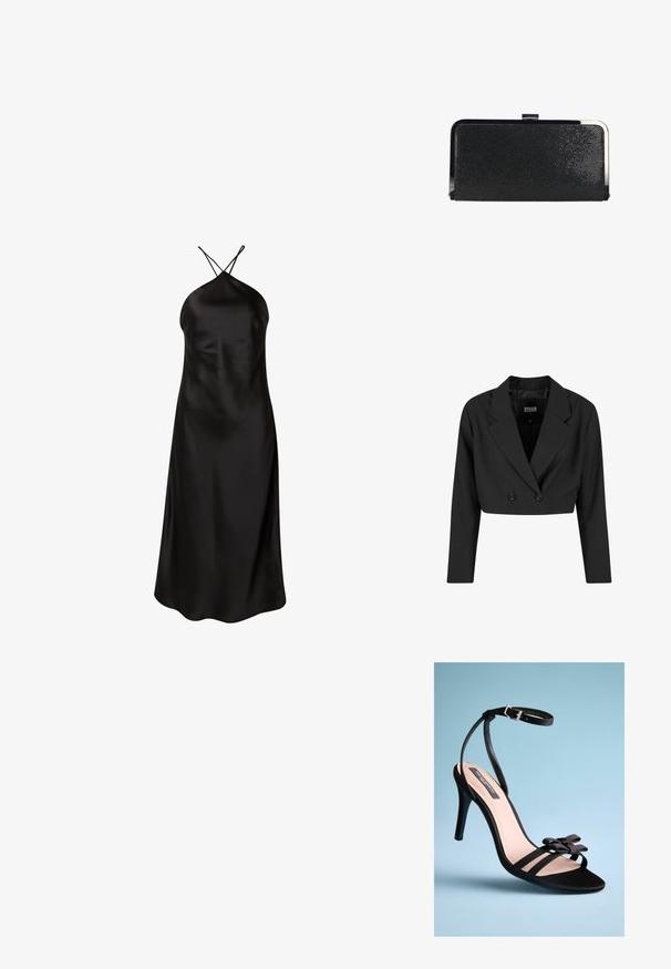 Zwarte cropped blazer van gladde stof. Voorzien van een dubbelgebreid voorpand met twee zwarte knopen en scherpe revers. Inclusief lange mouwen.; Zwarte satijnen halternekjurk met een aansluitende lijfje, een vloeiende silhouet en zijsplitten voor bewegingsgemak. Dunne kruislings loper op de rug.; Zwarte hoge hakken sandaal met een slank ontwerp, satijnen banden, een open teen en een decoratieve strikdetail aan de voorkant. De binnenzool is beige.; Zwarte rechthoekige clutch met textuur, zilverkleurig metalen frame en sluiting, op een witte achtergrond.