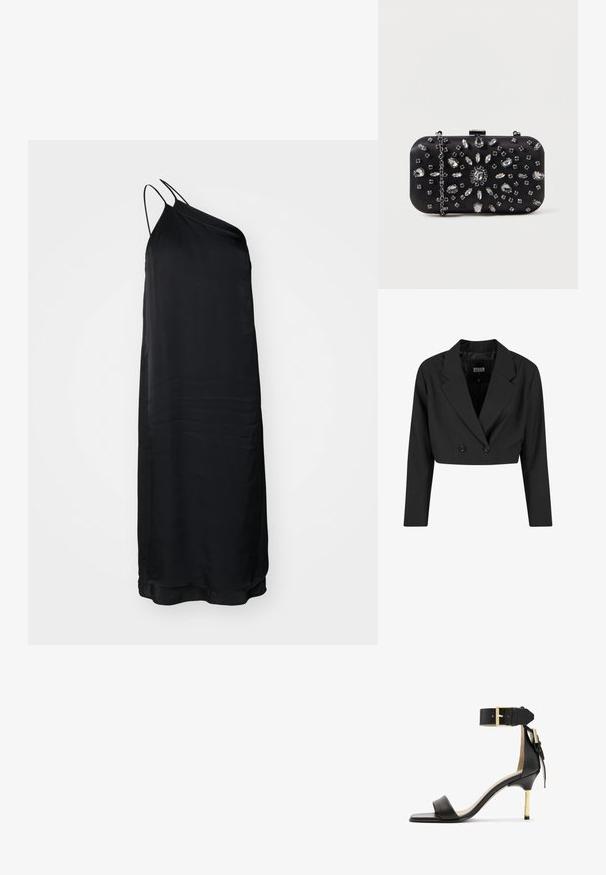Sort cropped blazer lavet af glat stof. Har en dobbeltradet front med to sorte knapper og skarpe revers. Lange ærmer inkluderet.; Sort, ærmeløs kjole med én skulderrem, der har et flydende design og en glat tekstur, der når til midten af læggen.; Sort læder hæl sandal med firkantet tå, ankelrem med en guldbuckle og en slank metallisk hæl. Glat tekstur, minimalistisk design.; Sort clutch i rektangulær form, pyntet med forskellige rhinsten i et blomsterdesign, med en sølvkæde til at bære.