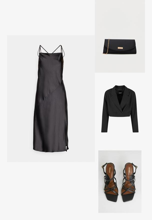 Sort cropped blazer lavet af glat stof. Har en dobbeltradet front med to sorte knapper og skarpe revers. Lange ærmer inkluderet.; Sort satin kjole med tynde justerbare stropper, en glat tekstur, skrå sømme og en sideslids for ekstra detalje.; Sorte hælede sandaler med flere smalle stropper, firkantet tå, brune indersåler og en guldbeslag detalje på ankelstroppen.; Sort kuverttasker med en guldkæde-rem og et lille guld rektangulært logo-plakette på frontklappen.