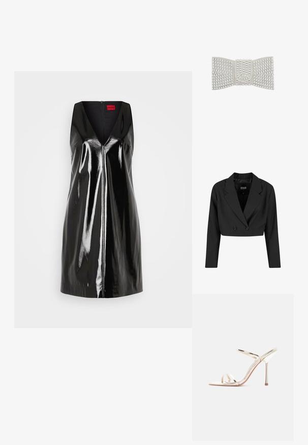 Sort cropped blazer lavet af glat stof. Har en dobbeltradet front med to sorte knapper og skarpe revers. Lange ærmer inkluderet.; Sort, ærmeløs kjole med V-udskæring og blank, reflekterende overflade; har en central lynlås og minimalistisk design.; Enkelt gyldent metalisk højhælet sandal med tynde stropper over tå og ankel på hvid baggrund.; faina Clutches - silver coloured