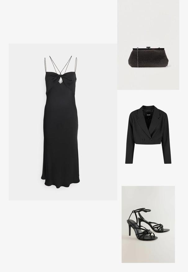 Čierny skrátený blazer vyrobený z hladkého materiálu. Má dvojradové zapínanie s dvoma čiernymi gombíkmi a ostrými chlopňami. Súčasťou sú dlhé rukávy.; Calvin Klein MICRO STRAP TWIST SLIP DRESS - Koktailové šaty/večierkové šaty - black; Čierne vysoké sandále na podpätku s vrkôčkovými popruhmi, otvorenou špičkou a prackou okolo členku. Hladká textúra s elegantným dizajnom a štíhlym podpätkom.; Čierna sieťová kabelka s pevným siluetou, zdobená malými kovovými cvočkami, má uzáver na klip a odnímateľný reťazový popruh.