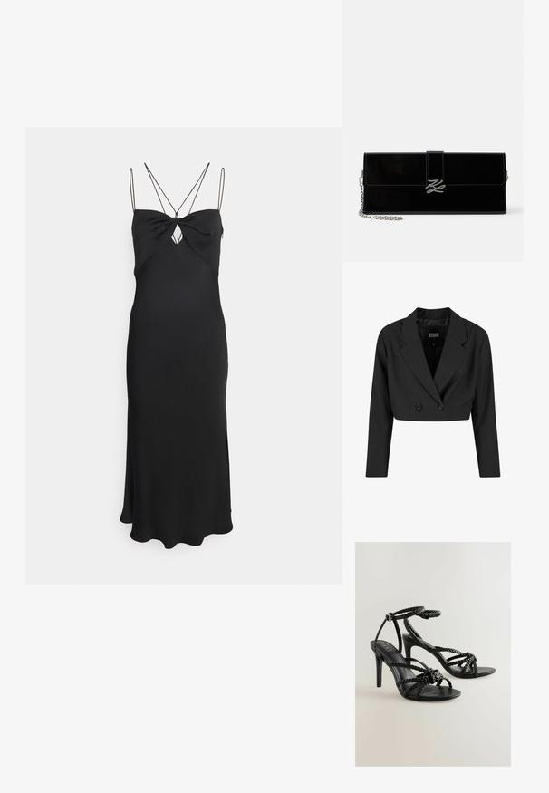 Schwarze, taillierte Blazerjacke aus glattem Stoff. Verfügt über eine doppelte Knopfleiste mit zwei schwarzen Knöpfen und scharfen Revers. Mit langen Ärmeln.; Calvin Klein MICRO STRAP TWIST SLIP DRESS - Cocktailkleid/festliches Kleid - black; Schwarze High-Heels Sandalen mit geflochtenen Riemen, offener Zehenpartie und Riemchen am Knöchel. Glatte Textur mit einem eleganten Design und einem schlanken Absatz.; Glänzende schwarze rechteckige Clutch mit silbernem Kettenriemen und silberner, ineinander verschlungener Initial-Schließe an der vorderen Klappe.