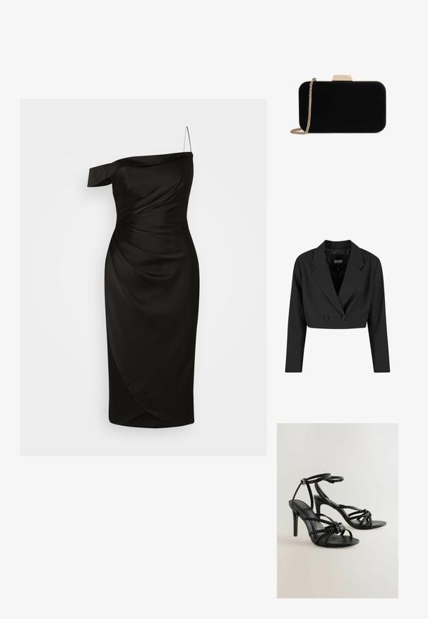 Blazer negro cortado hecho de tela suave. Presenta un frente de doble botonadura con dos botones negros y solapas afiladas. Incluye mangas largas.; Vestido negro de un solo hombro, confeccionado en una tela suave, que presenta un corpiño ajustado con detalles fruncidos y una falda envolvente de longitud a la rodilla.; Sandalias de tacón alto negras con tiras trenzadas, punta abierta y hebilla en el tobillo. Textura suave con un diseño estilizado y un tacón delgado.; Clutch de terciopelo negro con herrajes en tono dorado, de forma rectangular y con correa de cadena, que presenta una textura suave y sin patrones visibles.