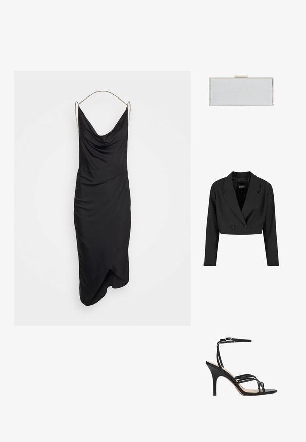 Zwarte cropped blazer van gladde stof. Voorzien van een dubbelgebreid voorpand met twee zwarte knopen en scherpe revers. Inclusief lange mouwen.; Et Ochs ILA CHAIN COWL NECK MIDI DRESS - Cocktailjurk - black; Zwarte sandalen met hoge hak en bandjes, met een slank ontwerp, voorzien van een dunne enkelband, open teen en een gladde afwerking op een taps toelopende hak.; Zilveren clutch met een gestructureerd oppervlak dat lijkt op druppels. Rechthoekige vorm, metalen frame en een bovenste sluiting voor een veilige bevestiging.