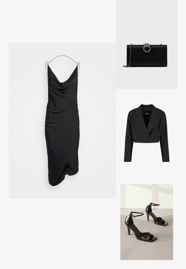 Schwarze, taillierte Blazerjacke aus glattem Stoff. Verfügt über eine doppelte Knopfleiste mit zwei schwarzen Knöpfen und scharfen Revers. Mit langen Ärmeln.; Et Ochs ILA CHAIN COWL NECK MIDI DRESS - Cocktailkleid/festliches Kleid - black; Next REGULAR FIT - SIGNATURE - High Heel Sandalette - black; Schwarze Satin-Clutch mit einem silberfarbenen, rundenverschluss, der mit Strasssteinen verziert ist. Sie verfügt über eine abnehmbare Kettenriemen.