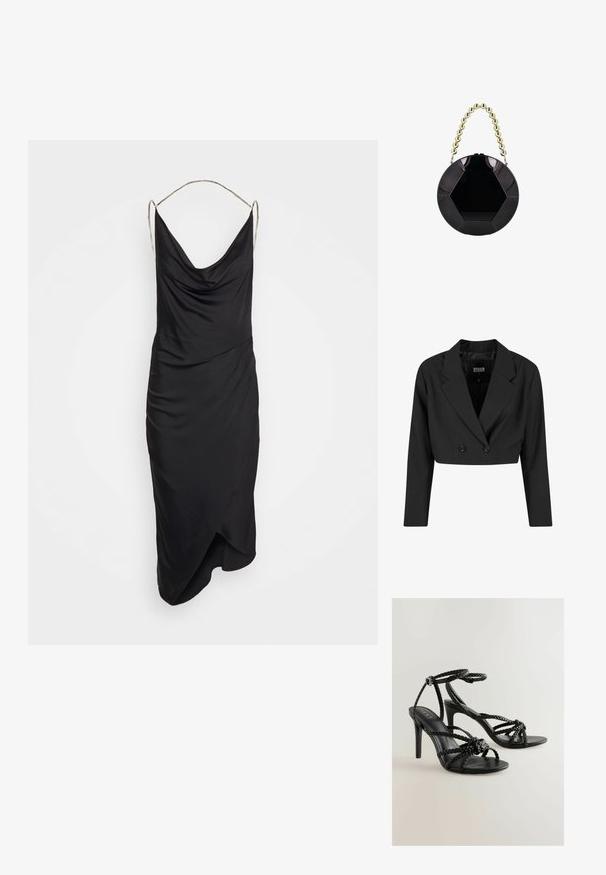 Zwarte cropped blazer van gladde stof. Voorzien van een dubbelgebreid voorpand met twee zwarte knopen en scherpe revers. Inclusief lange mouwen.; Et Ochs ILA CHAIN COWL NECK MIDI DRESS - Cocktailjurk - black; Zwarte hoge hakken sandalen met gevlochten banden, open teen en enkelgesp. Gladde textuur met een strak ontwerp en een slanke hak.; Glanzende zwarte ronde handtas met hexagonaal patroon en korte handgreep gemaakt van grote gouden kralen.