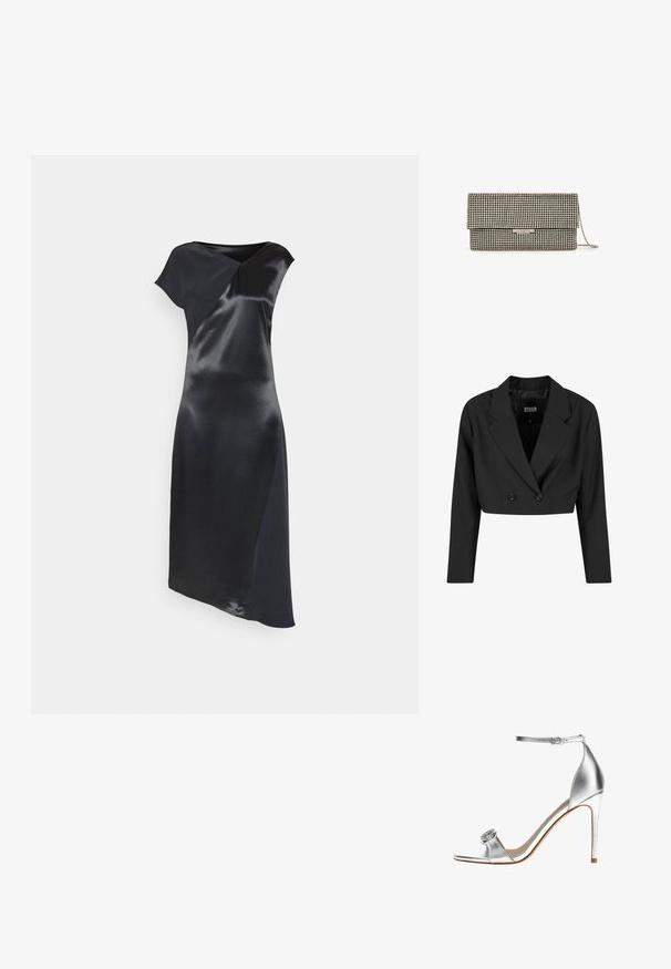 Blazer negro cortado hecho de tela suave. Presenta un frente de doble botonadura con dos botones negros y solapas afiladas. Incluye mangas largas.; Calvin Klein NAIA SHINE MIDI DRESS - Vestido de cóctel - black; Sandalia plateada de tacón alto con correa en el tobillo y detalle decorativo de joyas en la correa del dedo, tacón delgado y diseño de puntera abierta.; Bolso de mano rectangular plateado con solapa plegable, cubierto de pequeñas piedras brillantes y con una correa de cadena visible en el lado derecho.