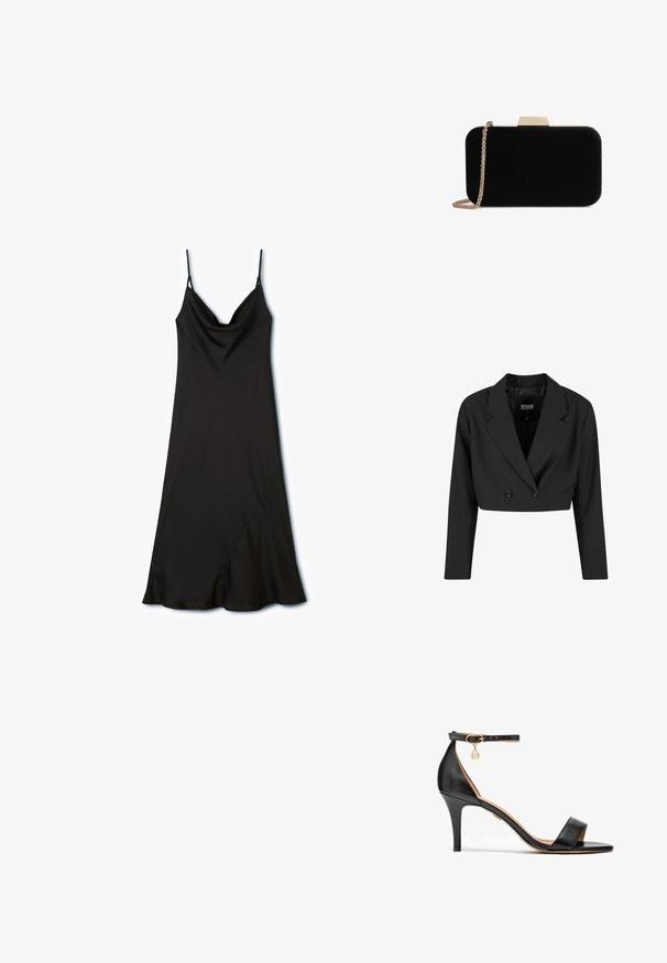Blazer negro cortado hecho de tela suave. Presenta un frente de doble botonadura con dos botones negros y solapas afiladas. Incluye mangas largas.; Vestido negro de tirantes ajustables, con escote en cowl y dobladillo asimétrico, hecho de una tela suave y ligera.; Sandalia de tacón alto de cuero negro con una sola cinta sobre los dedos, cinta en el tobillo, herrajes dorados y un esbelto tacón de aguja.; Clutch de terciopelo negro con herrajes en tono dorado, de forma rectangular y con correa de cadena, que presenta una textura suave y sin patrones visibles.