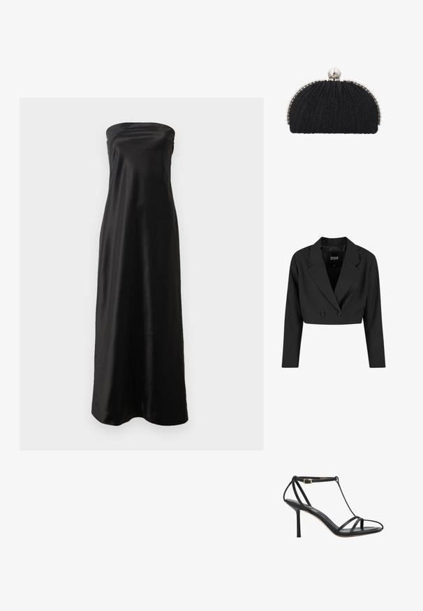 Schwarze, taillierte Blazerjacke aus glattem Stoff. Verfügt über eine doppelte Knopfleiste mit zwei schwarzen Knöpfen und scharfen Revers. Mit langen Ärmeln.; Schwarzes strapless Maxikleid aus Satinmaterial, mit einem schlichten Design, glatter Textur und fließender Silhouette.; Schwarze High-Heel-Sandale mit dünnen Riemen, Knöchelriemen und schlankem Absatz, von der Seite auf weißem Hintergrund gezeigt.; Schwarze Abend-Clutch mit strukturiertem Stoff, eingefasst von einer Reihe kleiner Perlen und einem großen Perlenverschluss oben.