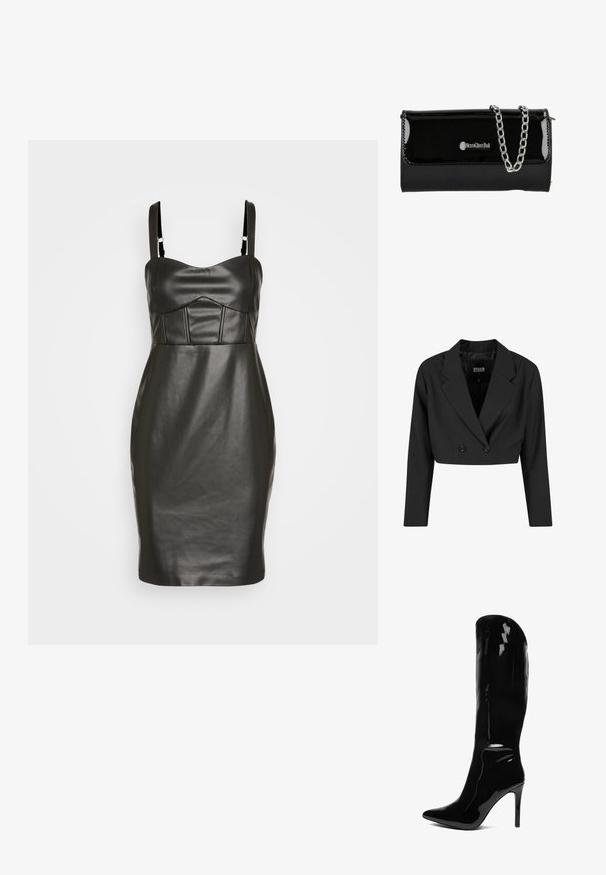 Schwarze, taillierte Blazerjacke aus glattem Stoff. Verfügt über eine doppelte Knopfleiste mit zwei schwarzen Knöpfen und scharfen Revers. Mit langen Ärmeln.; Schwarzes Kunstlederkleid mit taillierter Silhouette, dünnen Trägern und einem strukturierten, gepolsterten Oberteil mit vertikalen Nähten. Glatte Textur.; Knöchelhöhe, patentiertes schwarzes Stiletto-Boot mit spitzem Zehenbereich. Die glatte Textur und das hohe Design schaffen eine schlanke, figurbetonte Silhouette.; Schwarze patentierte Kunstleder-Clutch mit einem silbernen Kettenriemen, ausgestattet mit einem Klappenverschluss und Logo-Detail auf der Vorderseite. Rechteckige Form.