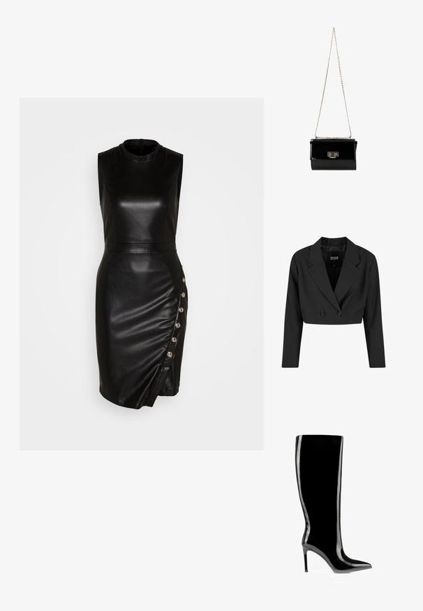 Schwarze, taillierte Blazerjacke aus glattem Stoff. Verfügt über eine doppelte Knopfleiste mit zwei schwarzen Knöpfen und scharfen Revers. Mit langen Ärmeln.; Schwarzes, ärmelloses Lederkleid mit hohem Kragen, taillierter Silhouette, asymmetrischem Saum und dekorativen Knöpfen entlang der Seitennaht.; Schwarzer kniehoher Stiefel aus Lackleder mit spitzer Zehenpartie und Stilettabsatz, schlanker und glänzender Oberfläche.; Schwarz glänzende Handtasche aus Lackleder mit einem goldenen Kettenriemen, rechteckige Form, mit einem Verschluss mit Klappe und einem metallischen Logo-Akzent.