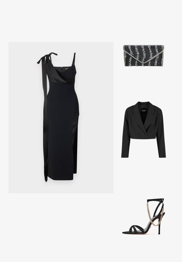 Sort cropped blazer lavet af glat stof. Har en dobbeltradet front med to sorte knapper og skarpe revers. Lange ærmer inkluderet.; Sort kjole med en tætsiddende design, satin detaljer og slidse i siden. Har tynde stropper og en flatterende drapering neckline med en bindedetalje.; Sort højhælet sandal med tynde stropper, ankelspænde og dekorativ guldkæde, der hænger rundt om anklen.; Sort clutch med tekstureret overflade, der har bølge mønstre, pyntet med hvide rhinsten langs designet. Sølv hardware detajler.