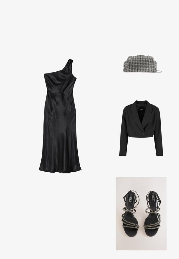 Čierny skrátený blazer vyrobený z hladkého materiálu. Má dvojradové zapínanie s dvoma čiernymi gombíkmi a ostrými chlopňami. Súčasťou sú dlhé rukávy.; Čierne saténové šaty na jedno rameno s priliehavým živôtikom a rozšírenou sukňou, s diagonálnymi švami a hladkou textúrou po celej ploche.; Čierne sandále s remienkami a kovovými doplnkami. Majú hladkú textúrovanú stielku a viacero zdobených remienkov vytvárajúcich vrstvený vzhľad.; Reiss ADALINE EMBELLISHED - Listová kabelka - silver coloured
