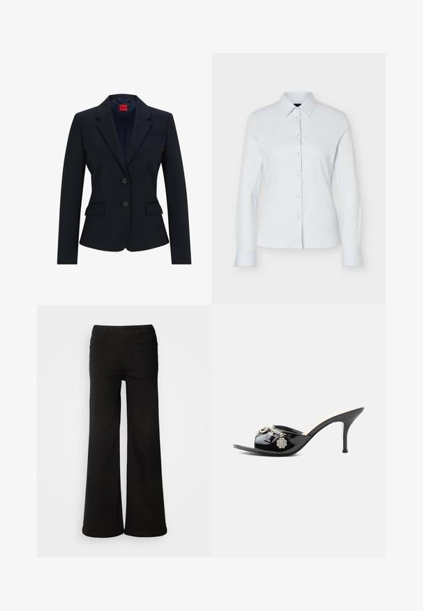 Blazer bleu marine au design ajusté, avec un col cranté, une fermeture à deux boutons et deux poches avant. Intérieur doublé avec un motif logo.; Chemise blanche à manches longues avec boutons, col pointu et silhouette ajustée, présentée sur un fond clair uni.; Pantalons larges noirs en denim, avec des poches avant, une fermeture à bouton et une texture lisse avec une finition soignée.; Mule à talon haut en cuir verni noir avec bout ouvert et breloques argentées décoratives comprenant une fleur et un cadenas sur la bride avant.