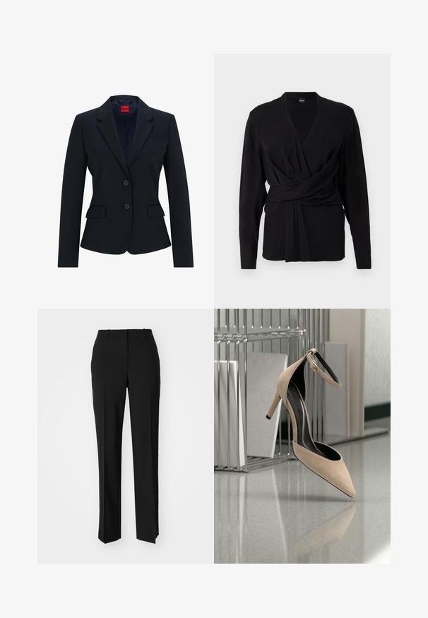 Blazer azul marino de diseño ajustado que presenta solapas con muesca, cierre de dos botones y dos bolsillos frontales. Interior forrado con un patrón de logotipo.; Top negro de envoltura hecho de una tela suave, con mangas largas, un escote en V y un cinturón atado que acentúa la cintura. Textura suave.; Pantalones negros ajustados con un diseño de pierna recta, que presentan una textura suave y pliegues nítidos en el frente. Sin herrajes visibles.; Zapato de tacón alto beige con correa en el tobillo suspendido frente a un revistero metálico sobre un suelo reflectante.