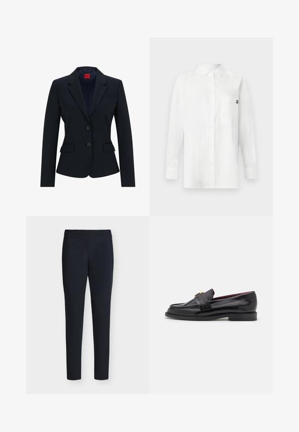 Marineblå blazer i skræddersyet design med smal krave, to-knaps lukning og to frontlommer. Foring med logo mønster.; Hvid langærmet skjorte lavet af bomuldsblandingsstof, med en button-down krave, brystlomme og et lille sort logo på brystet.; Slim-fit sorte bukser med ankellængde, med syet talje og uden synlige lommer, vist på en ensartet lys baggrund.; Sorte læder loafers med et stitched-mønster, glat tekstur, guldspænde detalje og en rund tå, sat på en lav sort sål.
