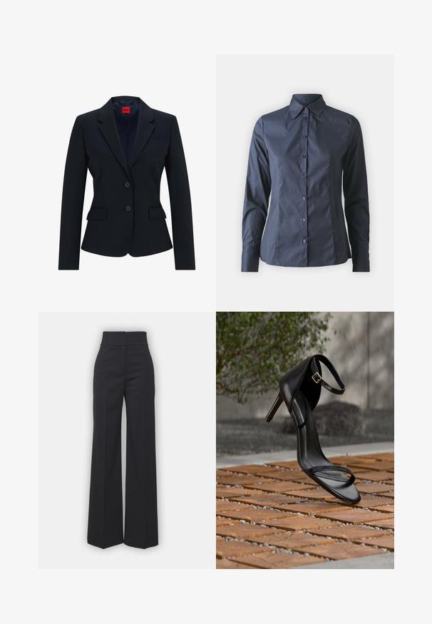 Marineblå blazer i skræddersyet design med smal krave, to-knaps lukning og to frontlommer. Foring med logo mønster.; Mørkeblå langærmet skjorte med knaplukning foran, spidse kraver og en skræddersyet pasform. Fremstillet af glat, letvægtigt stof.; Bredbenede bukser i sort stof med høj talje, der har en ren finish og glat tekstur. Ingen synlige detaljer eller mønstre.; Sort højhælet sandal med ankelsnor, der ser ud til at svæve over et trægulv udendørs med sløret grønt og sten i baggrunden.