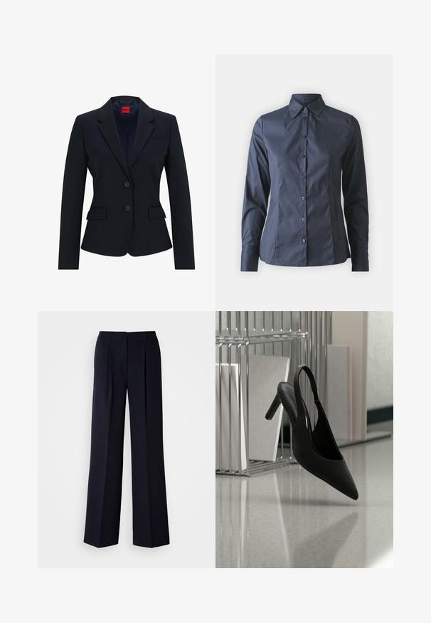 Blazer bleu marine au design ajusté, avec un col cranté, une fermeture à deux boutons et deux poches avant. Intérieur doublé avec un motif logo.; Chemise à manches longues bleu marine avec fermeture à boutons sur le devant, col pointu et coupe ajustée. Fabriquée dans un tissu léger et lisse.; Pantalon large marine avec plis, réalisé en tissu lisse. Doté d'une ceinture ajustée et d'une silhouette épurée.; Chaussure à talon haut à bout pointu et bride arrière suspendue en l'air au-dessus d'un sol brillant avec des classeurs empilés en arrière-plan.