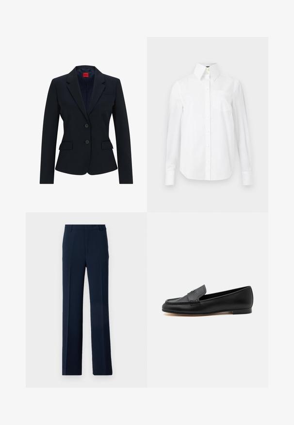 Marineblå blazer i skræddersyet design med smal krave, to-knaps lukning og to frontlommer. Foring med logo mønster.; Hvid langærmet skjorte lavet af bomuld, med spidse kraver, forlommer og knaplukning foran. Glat tekstur.; Mørkeblå bukser lavet af glat stof, med et lige ben design og frontfolder samt sidelommer for et skræddersyet look.; Sort læderloafer med lav hæl, syninger og en lille metallisk detalje på vristen.