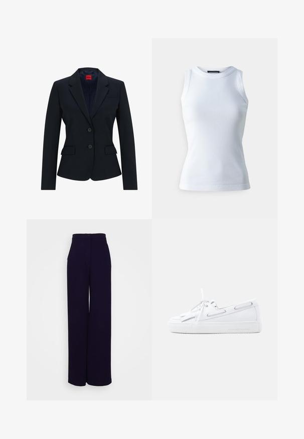 Marineblauwe blazer in een getailleerd ontwerp met een geknoopte revers, een twee-knoopsluiting en twee voorzakken. Gevoerde binnenkant met een logopatroon.; Witte mouwloze top van ribstof, met een ronde halslijn en een getailleerde pasvorm. Soepele textuur, geen zichtbare patronen of accenten.; Wijdvallende, hooggetailleerde broek in donkerpaars stof, met een sluiting aan de voorkant met knopen en zijzakken. Soepele textuur met een strakke uitstraling.; Witte leren bootschoen met veters aan de voorkant, zijkanten met oogjes, kwastdetail en platte rubberen zool op een effen lichte achtergrond.