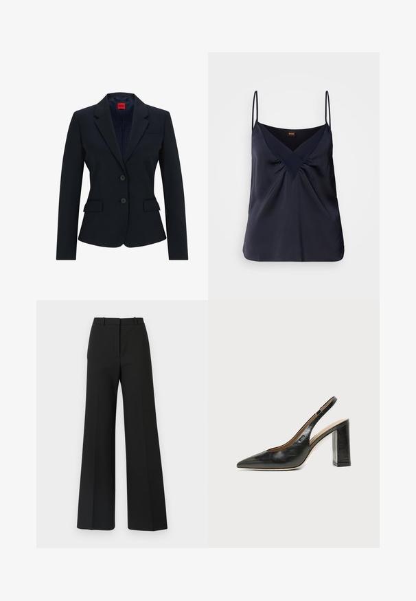 Marineblå blazer i skræddersyet design med smal krave, to-knaps lukning og to frontlommer. Foring med logo mønster.; Marineblå silke top med tynde stropper, V-udskæring og samlede detaljer ved brystet; glat tekstur og løs pasform.; Sorte buks med vide ben og skræddersyet design, der har en glat tekstur og subtile plisseringer foran. Ingen synlige detaljer eller mønstre.; Sort læder peep-toe slingback sko med høj blokhæl og beige indvendig foring mod en ensfarvet lys baggrund.