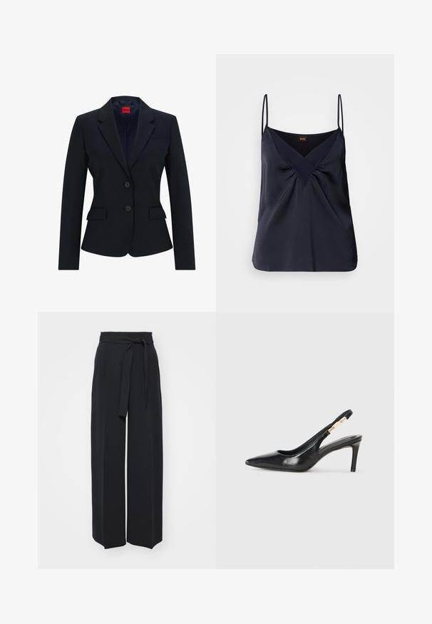 Marineblå blazer i skræddersyet design med smal krave, to-knaps lukning og to frontlommer. Foring med logo mønster.; Marineblå silke top med tynde stropper, V-udskæring og samlede detaljer ved brystet; glat tekstur og løs pasform.; Vide sorte bukser lavet af blød stof. Har en bælteholdbar talje og frontfolder. Glat tekstur med et rent, moderne design.; Sort læder slingback højhælede sko med spidse tæer, glat overflade og en smal ankelrem med guldfarvede hardware detaljer.