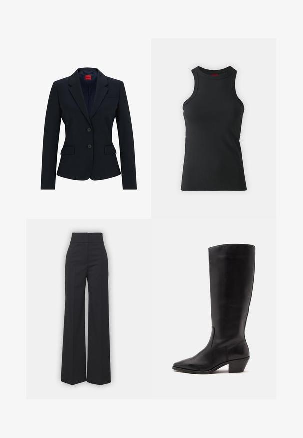 Marineblauwe blazer in een getailleerd ontwerp met een geknoopte revers, een twee-knoopsluiting en twee voorzakken. Gevoerde binnenkant met een logopatroon.; Zwarte mouwloze tanktop gemaakt van rekbare stof. Heeft een ronde hals en een aansluitende snit met minimale stikdetails.; Wijdvallende broek in zwarte stof met een hoge tailleband, met een schone afwerking en een gladde textuur. Geen zichtbare hardware of patronen.; Zwarte leren laars tot half op de kuit met een puntige neus en een lage schuine hak op een effen lichte achtergrond.