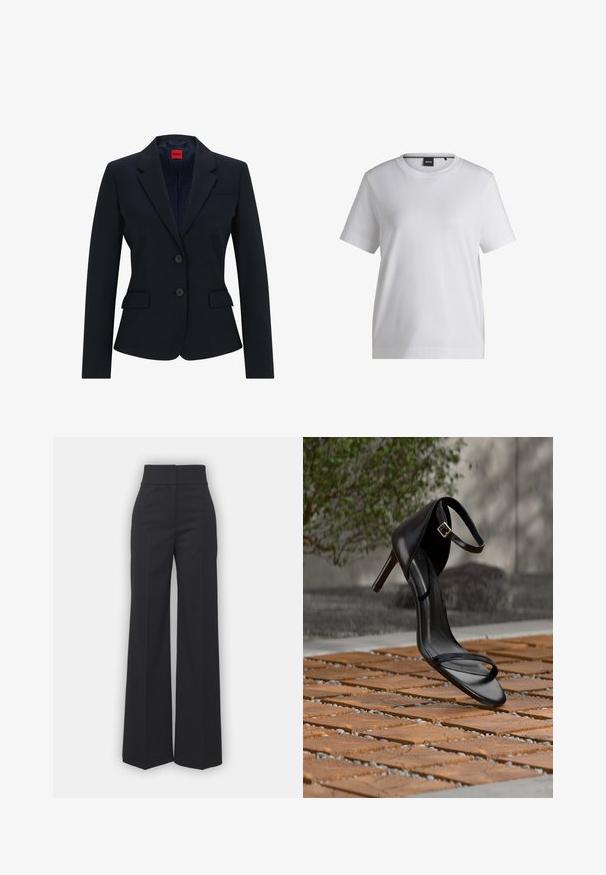 Marineblå blazer i skræddersyet design med smal krave, to-knaps lukning og to frontlommer. Foring med logo mønster.; Hvid bomulds t-shirt med rund halsudskæring, korte ærmer og en afslappet pasform. Har et lille mærke nær kraven.; Bredbenede bukser i sort stof med høj talje, der har en ren finish og glat tekstur. Ingen synlige detaljer eller mønstre.; Sort højhælet sandal med ankelsnor, der ser ud til at svæve over et trægulv udendørs med sløret grønt og sten i baggrunden.