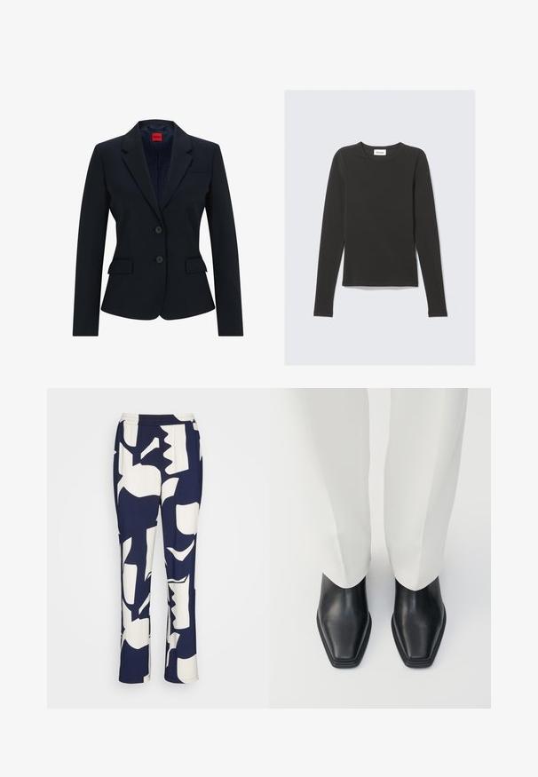 Blazer azul marino de diseño ajustado que presenta solapas con muesca, cierre de dos botones y dos bolsillos frontales. Interior forrado con un patrón de logotipo.; Camiseta negra de manga larga con cuello redondo y corte ajustado, extendida sobre un fondo gris claro.; Pantalones de patrón en azul marino y blanco con cintura elástica. Presenta formas abstractas y un corte relajado. El material parece suave y ligero.; Botas de cuero negro hasta el tobillo con punta afilada y un tacón bajo y apilado, combinadas con pantalones blancos de pierna ancha. Textura suave, diseño elegante.