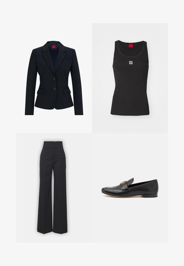 Blazer bleu marine au design ajusté, avec un col cranté, une fermeture à deux boutons et deux poches avant. Intérieur doublé avec un motif logo.; Débardeur noir en coton avec un col rond et sans manches. Présente le logo blanc "HUGO" au centre. Design simple et ajusté.; Pantalons à jambes larges en tissu noir avec une taille haute, présentant une finition soignée et une texture lisse. Pas de matériel ou de motifs visibles.; Mocassins en cuir noir avec un bout rond, un talon plat et des accents en métal doré sur la sangle. Texture lisse avec des détails de conception minimaux.