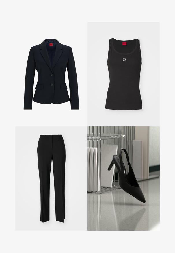Marineblå blazer i skræddersyet design med smal krave, to-knaps lukning og to frontlommer. Foring med logo mønster.; Sort tanktop lavet af bomuld med rund halsudskæring og uden ærmer. Har hvid "HUGO" logo i midten. Enkel og tætsiddende design.; Sorte skræddersyede bukser med lige ben-design, der har en glat tekstur og skarpe folder langs fronten. Ingen synlige hardware.; Sort spids tå slingback højhælet sko svævende i luften over en skinnende gulv med stablede ringbind i baggrunden.