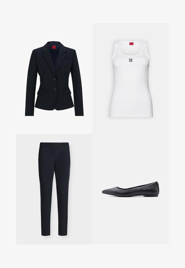 Marineblå blazer i skræddersyet design med smal krave, to-knaps lukning og to frontlommer. Foring med logo mønster.; Hvid tanktop lavet af bomuld, med et enkelt design og en rund halsudskæring samt et sort "HUGO" logo i midten. Glat tekstur.; Slim-fit sorte bukser med ankellængde, med syet talje og uden synlige lommer, vist på en ensartet lys baggrund.; Sort flad lædersko med spidst tåparti og lav hæl, vist i sideprofil mod en hvid baggrund.