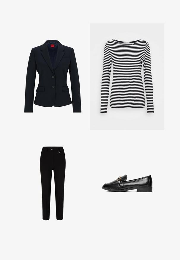 Blazer bleu marine au design ajusté, avec un col cranté, une fermeture à deux boutons et deux poches avant. Intérieur doublé avec un motif logo.; T-shirt à manches longues et col rond affichant un motif rayé noir et blanc. Fabriqué en tissu doux avec une coupe régulière. Design épuré et minimal.; JOOP! Chino - schwarz; Mocassins en cuir noir avec un talon plat, dotés d'un accent décoratif en chaîne dorée à l'avant. Texture lisse et brillante.