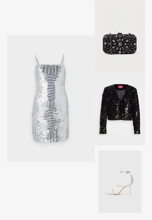 Veste cropped noire en sequins avec des manches longues, dotée d'un décolleté en V, d'une texture douce et d'un détail de nouage à l'avant. Intérieur doublé sans motifs supplémentaires.; Robe mini en sequins argentés avec des bretelles fines, présentant un motif géométrique dans des nuances variées de gris, créant un effet visuel texturé.; Sandale à talon transparent avec des brides transparentes ornées de clous dorés, talon fin et design ouvert à l'avant avec une finition lisse et brillante.; Pochette noire de forme rectangulaire, ornée de divers strass disposés en motifs floraux, dotée d'une chaîne en argent pour le transport.