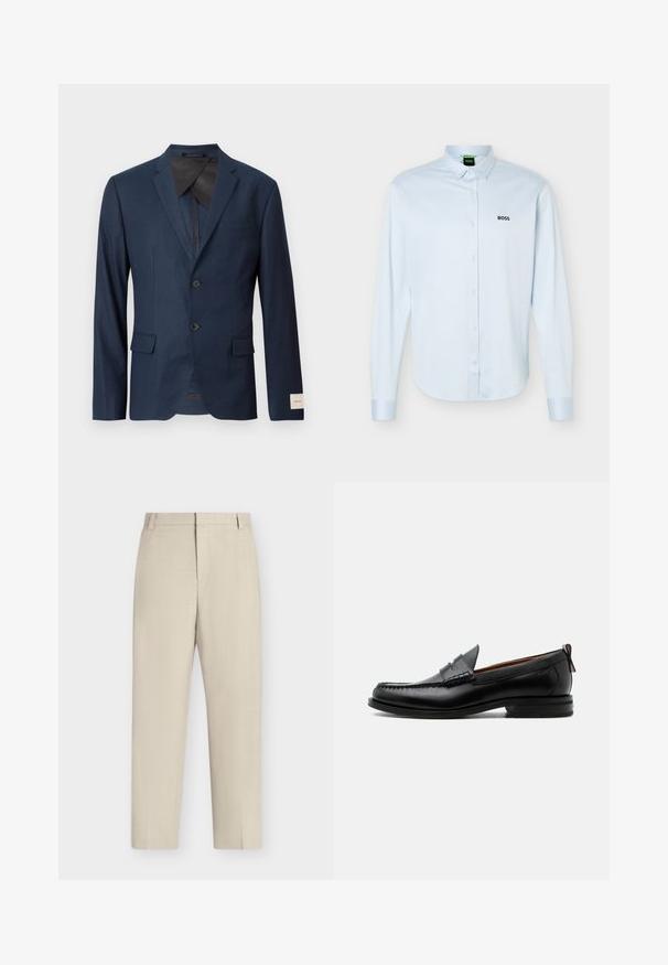 Blazer bleu marine à deux boutons, col cranté, poches à rabat à l'avant et une étiquette blanche sur le revers de la manche.; Chemise bleu clair à manches longues, boutonnée avec col, logo noir "BOSS" sur le côté gauche de la poitrine, et poignets avec boutons.; Pantalon beige à jambe droite avec passants de ceinture, fermeture éclair à l’avant et coupe ajustée sur un fond blanc uni.; Mocassin homme en cuir noir avec couture moc toe, bride penny, col texturé et petit talon empilé sur fond blanc.