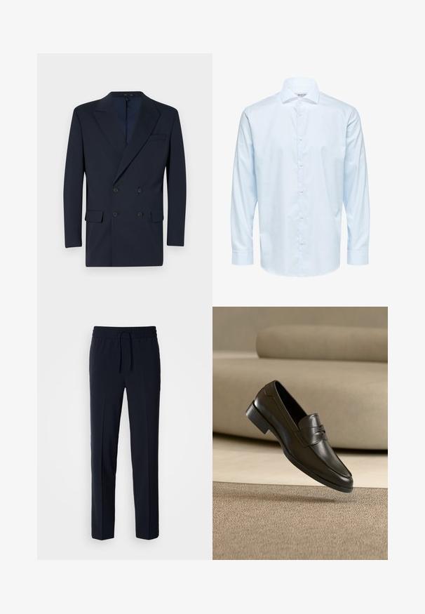 Marineblauer doppelt gefütterter Blazer aus glattem Stoff, mit abgesetzten Revers, zwei Fronttaschen und Zwei-Knopf-Verschluss.; Hellblaues Langarm-Herrenhemd mit Knöpfen vorne und klassischem Kragen, auf weißem Hintergrund dargestellt.; Marineblaue, leichte Hose mit einem elastischen Bund und verstellbarem Kordelzug, ausgestattet mit einem geraden Schnitt und glatter Textur.; Schwarzer Leder-Slipper, der über einem beigen Teppich schwebt, mit einem beigen Sofa im Hintergrund, und zeigt das klassische Herren-Design zum Hineinschlüpfen.
