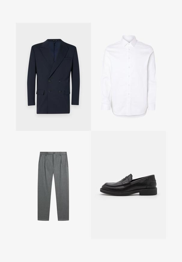 Marineblauer doppelt gefütterter Blazer aus glattem Stoff, mit abgesetzten Revers, zwei Fronttaschen und Zwei-Knopf-Verschluss.; Weißes Hemd mit langen Ärmeln, klassischem Kragen und geknöpften Manschetten.; Grau formelle Hose mit vorderen Falten, Seitentaschen, Gürtelschlaufen und Knopfverschluss an der Taille vor weißem Hintergrund.; Schwarze Lederloafer mit abgerundetem Zeh, farblich abgestimmtem Nähen und einem Riemendetail an der Vorderseite. Gummi-Sohle mit niedrigem Absatz.