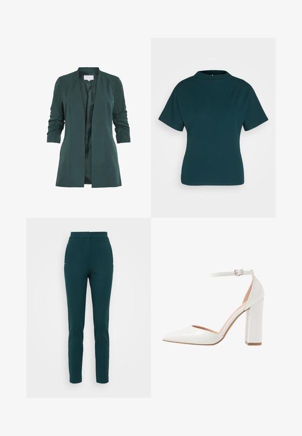 Blazer ajusté vert avec une texture lisse et des manches trois-quarts froncées. Comprend une ouverture avant et une doublure en satin.; Haut à manches courtes teal avec un col montant, fabriqué en tissu lisse. Présente une silhouette ajustée et des détails de couture minimalistes.; Pantalons ajustés teal à taille haute, coupe slim, avec des détails en métal doré sur les côtés. Tissu lisse sans fermetures visibles.; Chaussure à talon aiguille en cuir verni blanc avec un côté ouvert, bout pointu, bride de cheville avec boucle et talon épais.