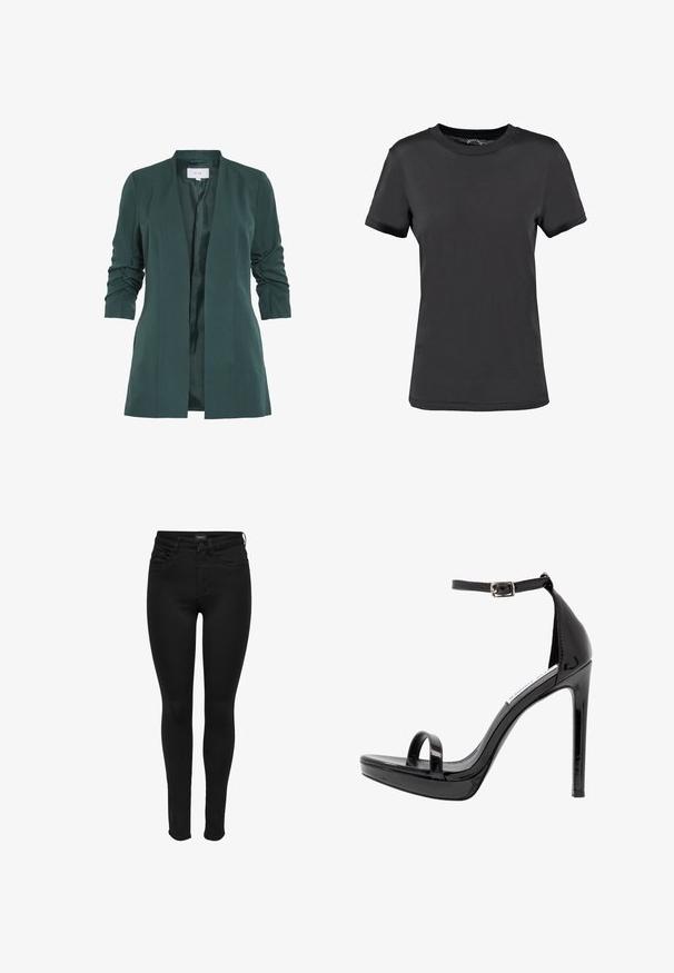Blazer ajusté vert avec une texture lisse et des manches trois-quarts froncées. Comprend une ouverture avant et une doublure en satin.; T-shirt noir à manches courtes en tissu lisse. Présente un col rond sans motifs ni accents visibles, offrant un design simple.; Jeans skinny noirs en denim, dotés d'un design classique à cinq poches, d'une fermeture éclair et d'une texture lisse avec des détails de couture minimaux.; Steve Madden MILANO - Sandales à talons hauts - black