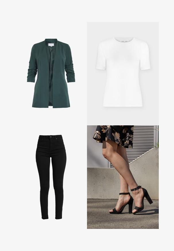 Blazer ajusté vert avec une texture lisse et des manches trois-quarts froncées. Comprend une ouverture avant et une doublure en satin.; T-shirt blanc à manches courtes avec col rond, coupe slim et texture de tissu côtelé, présenté sur un fond uni gris clair.; Jean skinny noir taille haute en denim extensible, avec un bouton avant, un zip, et cinq poches pour la fonctionnalité.; Des sandales à talons hauts en suede noir présentent une bride de cheville avec une boucle, un design à bout ouvert et un talon épais. Texture lisse et style minimaliste.