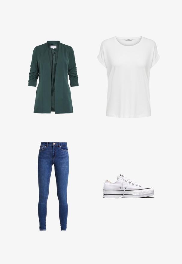 Blazer ajusté vert avec une texture lisse et des manches trois-quarts froncées. Comprend une ouverture avant et une doublure en satin.; T-shirt blanc à manches courtes en coton doux. Il présente un col rond et des poignets roulés. Design simple sans motifs ni accents.; Pieces PCDELLY - Jeans Skinny - medium blue denim; Baskets basses en toile blanche avec lacets blancs, bandes noires sur la semelle et embout en caoutchouc texturé, vue de côté sur fond blanc.