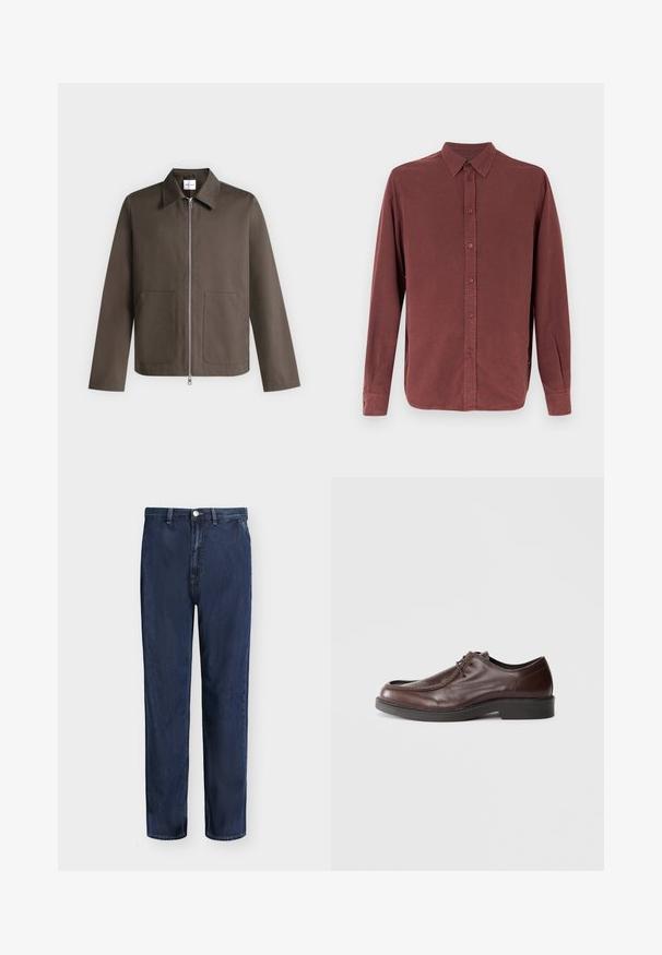 Veste marron zippée, manches longues, col pointu et deux poches plaquées devant sur fond gris clair.; Chemise à manches longues à boutons en bordeaux atténué avec un col classique et des poignets à un bouton, présentée sur un fond blanc.; Jean droit en denim bleu foncé avec passants de ceinture, bouton devant et fermeture éclair, présenté sur un fond uni clair.; Chaussure habillée en cuir marron avec un bout arrondi, des accents de couture minimum, et une semelle noire robuste. Présente un système de laçage et une texture lisse.