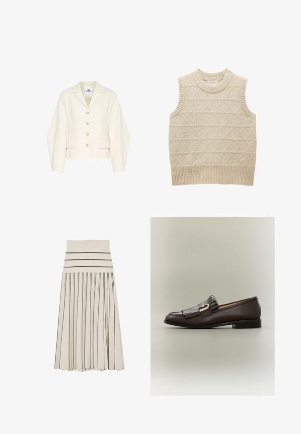 Cremefarvet cropped jakke med en struktureret krave, lange ærmer og store knapper. Har for lommer og et tekstureret stof.; Beige strikket ærmeløs sweater med diamantmønster, ribbet krave og kant, lavet af blødt materiale for komfort. Mærket er synligt indeni.; Kremfarvet plisseret midinederdel med sorte horisontale striber på taljebåndet og sorte lodrette striber på nederdelens krop.; Mørkebrune læderloafer med frynsedetalje og guldbeslag på en neutral baggrund, sidevisning.
